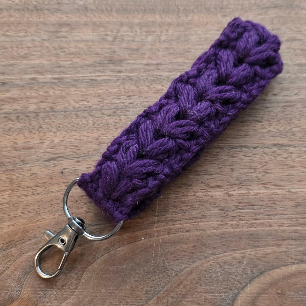 Handmade Purple Crochet Wristlet Key Fob Lanyard Floral Puff Gunmetal Clasp